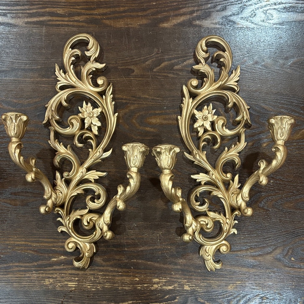 Hollywood-Regency Double-Arm Gold Wall Sconce, Wall Candleholder.
